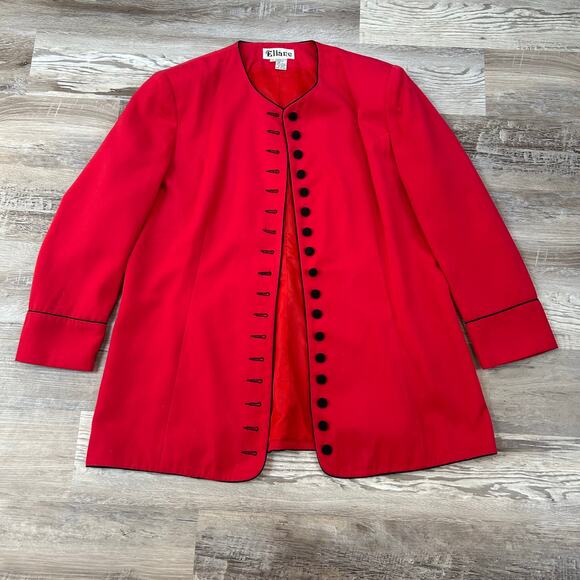 Vintage Eliane Red Button Front Coat Jacket Black Piping Bold Statement 90s - Picture 1 of 7